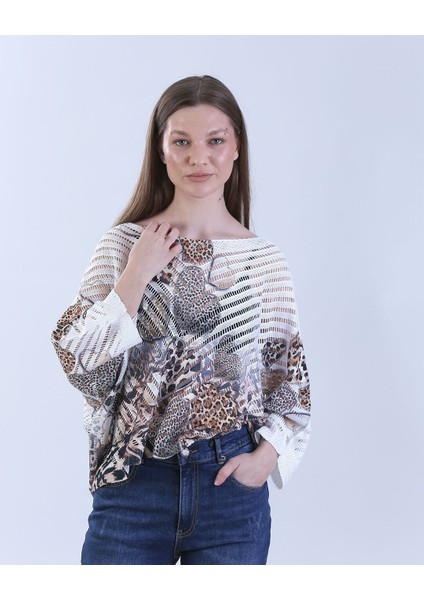 Desenli Merserize Bluz Leopar Desenli