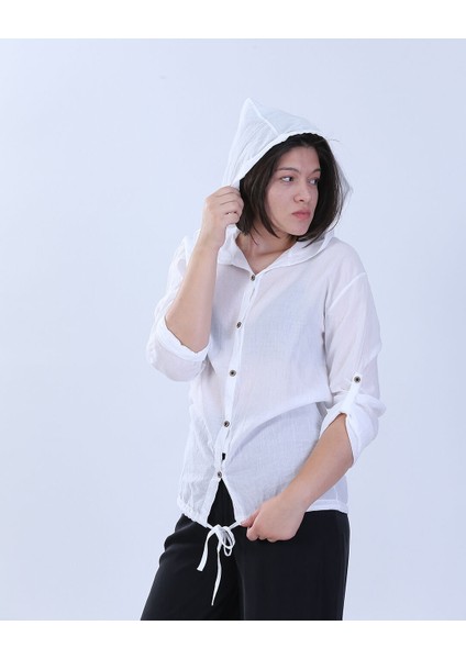 Kapüşonlu Bağcıklı Rahat Kesim Beyaz Gömlek S