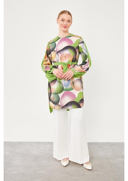 Yeşil Balon Desen Belden Bağlamalı Tunik