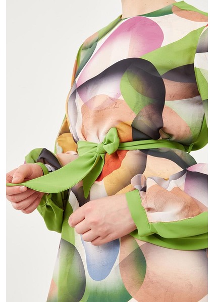 Yeşil Balon Desen Belden Bağlamalı Tunik indirimleri