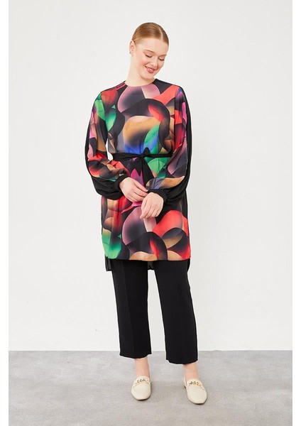 Siyah Balon Desen Belden Bağlamalı Tunik