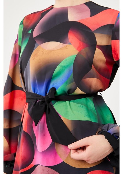 Siyah Balon Desen Belden Bağlamalı Tunik indirimleri