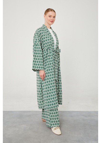 Yeşil Desenli Keten Kuşak Bağlamalı Kimono Takım modelleri