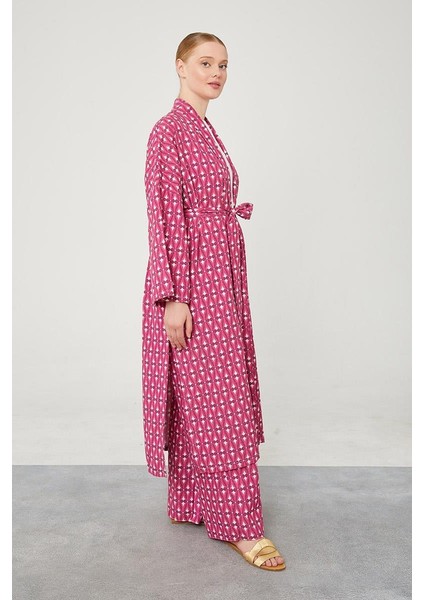 Fuşya Desenli Keten Kuşak Bağlamalı Kimono Takım
