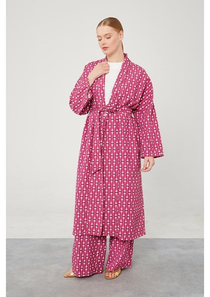 Fuşya Desenli Keten Kuşak Bağlamalı Kimono Takım