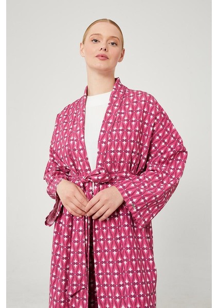 Fuşya Desenli Keten Kuşak Bağlamalı Kimono Takım