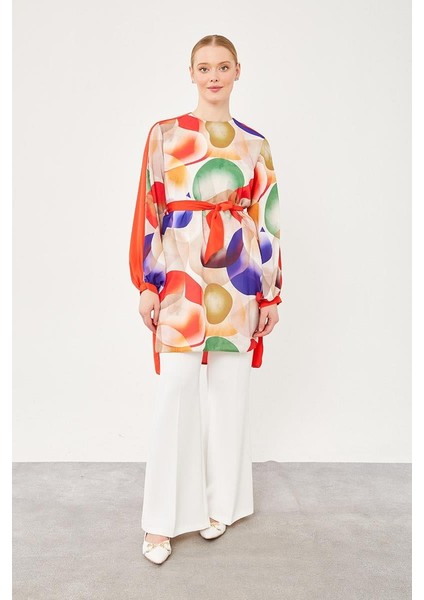 Kırmızı Balon Desen Belden Bağlamalı Tunik