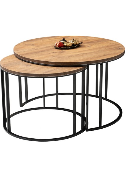 Dolunay Yuvarlak 2'li Orta Sehpa Diş Budak Desen Sehpa Tablası Siyah Metal Tasarım Ayak