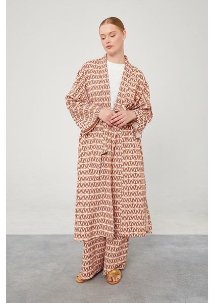 Kiremit Desenli Keten Kuşak Bağlamalı Kimono Takım