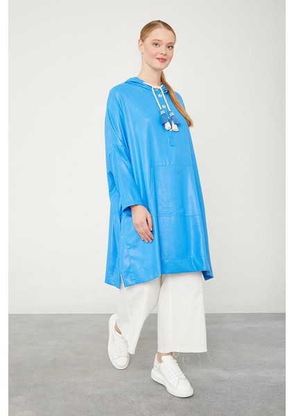 Saks Kanguru Çepli Parlak Kumaş Tunik