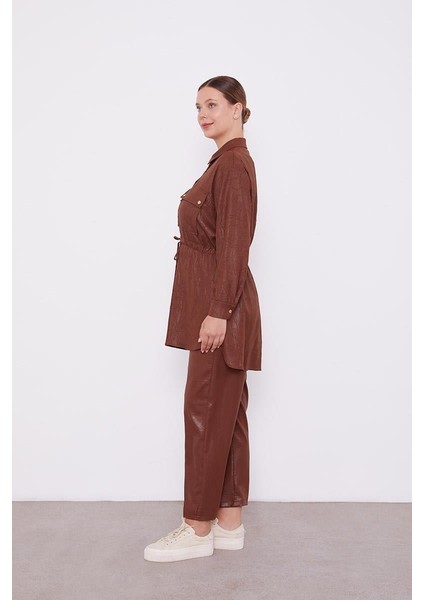 Acı Kahve Beli Büzgülü Pantolonlu Spor Takım
