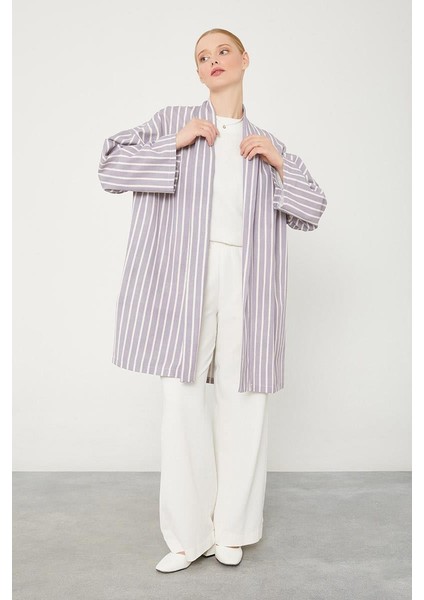 Lila Çizgili Desen Kimono Takım