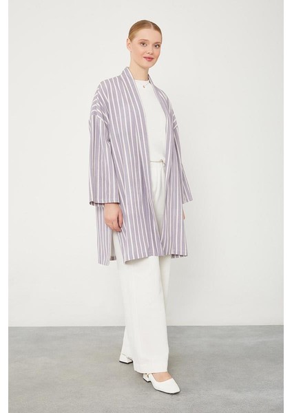 Lila Çizgili Desen Kimono Takım
