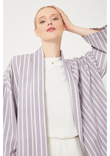 Lila Çizgili Desen Kimono Takım