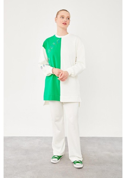 Ekru-Yeşil Yazı Detaylı Çift Renk Sweat Takım modelleri