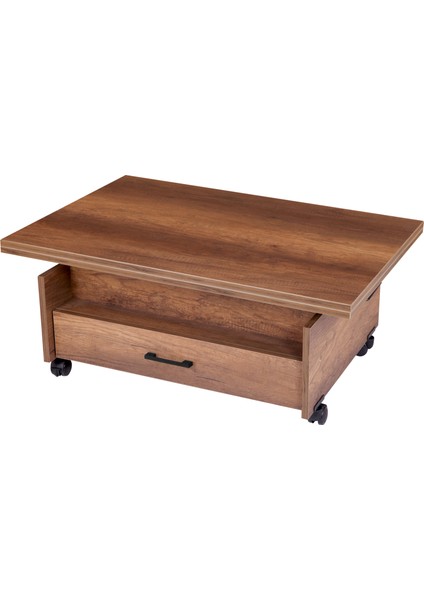 Kademeli Mekanizmalı Orta Sehpa Açılır Barok Ceviz Desenli Tekerli Yemek, Çalışma Masası Olabilen