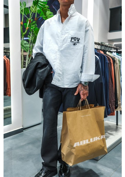 Erkek Uzun Kollu Nakış Işlemeli Oversize Gömlek Beyaz