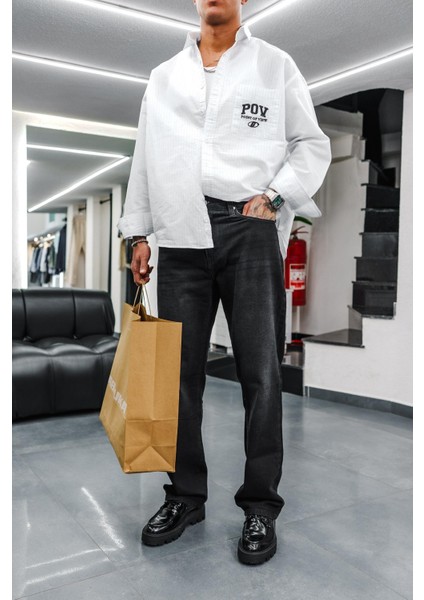 Erkek Uzun Kollu Nakış Işlemeli Oversize Gömlek Beyaz modelleri