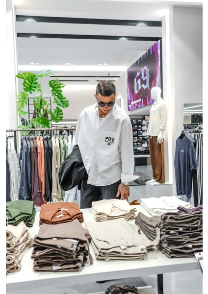 Erkek Uzun Kollu Nakış Işlemeli Oversize Gömlek Beyaz fırsatları