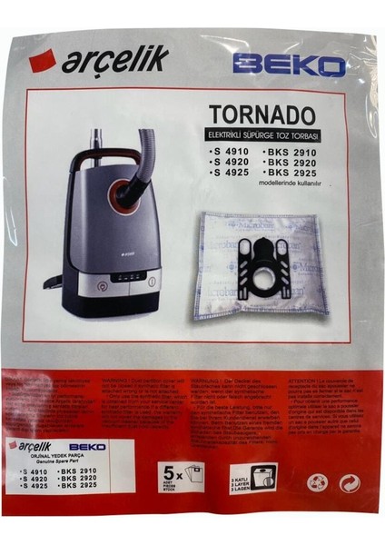 S 4910,S 4920,S 4925,S 4940 Tornado Elektrikli Süpürge Toz Torbası (5 Adet)