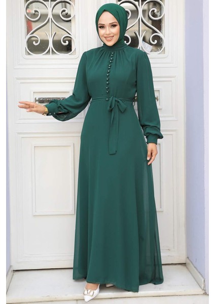 Düğme Detaylı Yeşil Tesettür Elbise 2703Y