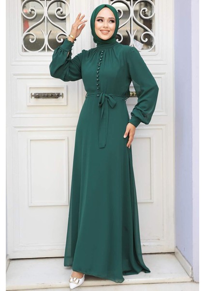 Düğme Detaylı Yeşil Tesettür Elbise 2703Y fiyatları