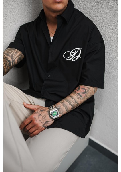 Erkek Nakışlı Kısa Kollu Oversize Gömlek Siyah