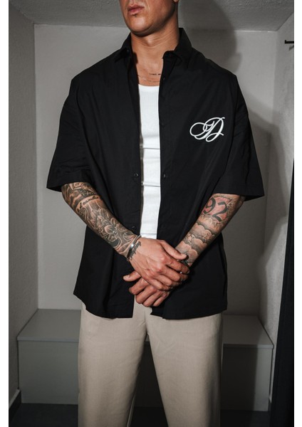 Erkek Nakışlı Kısa Kollu Oversize Gömlek Siyah modelleri