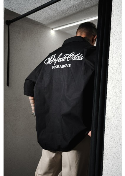 Erkek Nakışlı Kısa Kollu Oversize Gömlek Siyah indirimleri