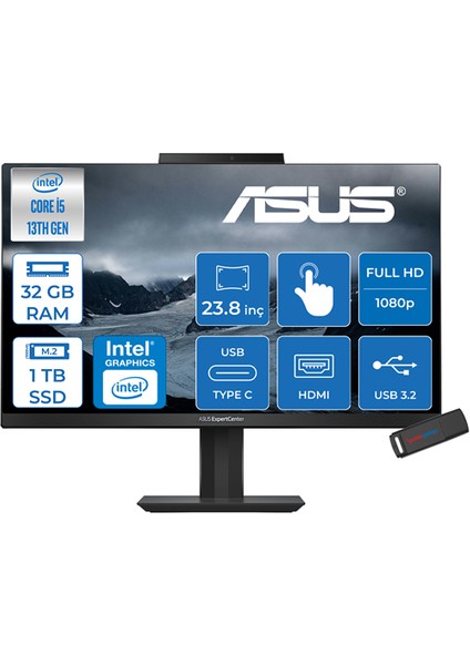 Expertcenter E5 Intel Core I5 1340P 32GB Ddr4 1tb SSD Intel UHD Graphics 23.8" Fhd 250NITS IPS Freedos Dokunmatik Pivot All In One Bilgisayar DE5402WVATF10 + Zettausbbellek