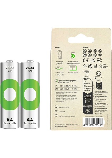 Gp Recyko E221 2 x 2600 Mah R6 Aa Pilli Pil Şarj Cihazı (GP-E221/270AHCER21-2GT - ETC3824-6966