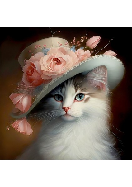 Dekoratif Viktorya Şapkalı ve Çiçekli Sevimli Kedi Kanvas Tablo