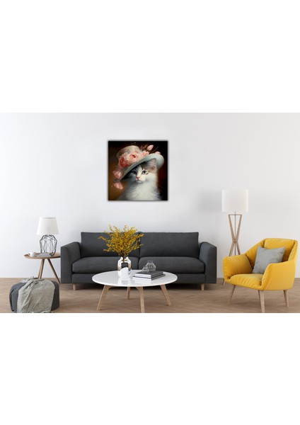 Dekoratif Viktorya Şapkalı ve Çiçekli Sevimli Kedi Kanvas Tablo fiyatları