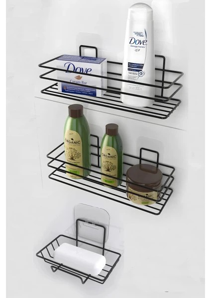 Siyah 3'lü Set Yapışkanlı Paslanmaz Banyo Rafı Sabunluk Şampuanlık Duşakabn Duş Askısı Seti