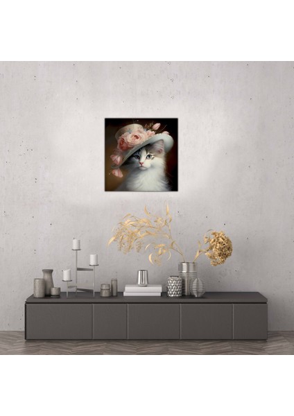 Dekoratif Viktorya Şapkalı ve Çiçekli Sevimli Kedi Kanvas Tablo modelleri