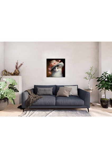 Dekoratif Viktorya Şapkalı ve Çiçekli Sevimli Kedi Kanvas Tablo fırsatları