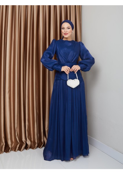Volan ve Plise Detaylı Kristal Şifon Tesettür Abiye Elbise K. Indigo 1230