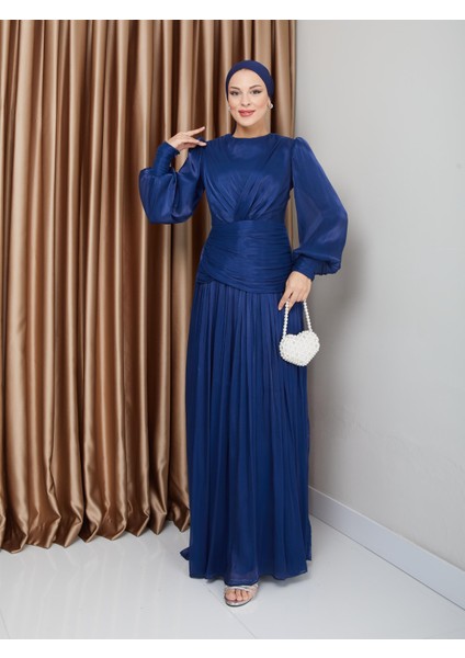 Volan ve Plise Detaylı Kristal Şifon Tesettür Abiye Elbise K. Indigo 1230