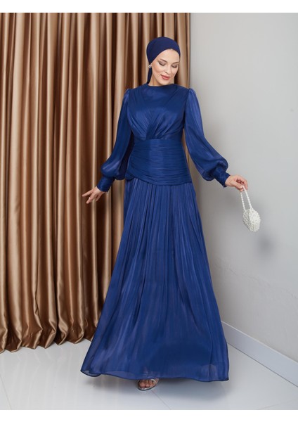 Volan ve Plise Detaylı Kristal Şifon Tesettür Abiye Elbise K. Indigo 1230