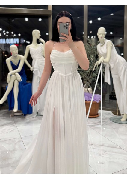 Hadley Göğüs Drapeli Korseli Ayarlanabilir Ip Bağlamalı Simli Uzun Elbise Beyaz