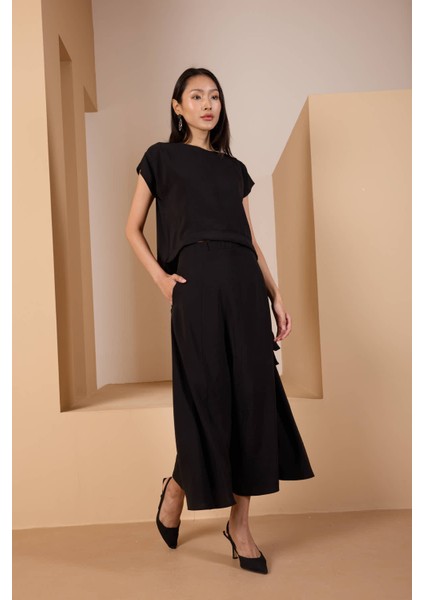 Siyah Salaş Kesim Beli Lastikli Dokuma Etek modelleri