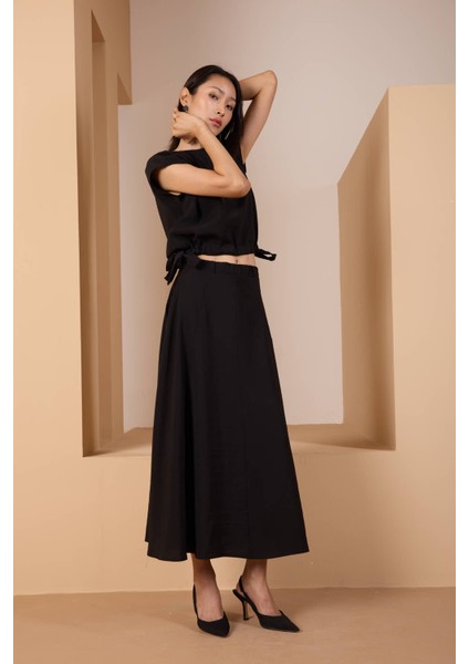 Siyah Salaş Kesim Beli Lastikli Dokuma Etek fırsatları