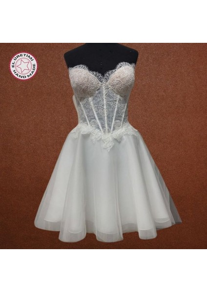 4068 El Yapımı Kordoneli Fransız Dantel Detaylı Transparan Gelinlik - 40 / 42 Beden