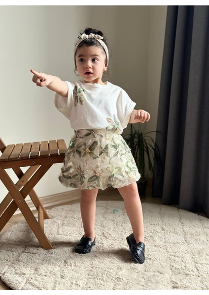 Yeşil Çiçek Işlemeli Balon Etekli Kız Çocuk Alt Üst Takım