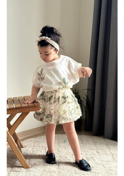 Yeşil Çiçek Işlemeli Balon Etekli Kız Çocuk Alt Üst Takım modelleri