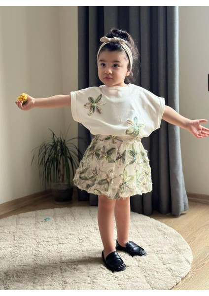 Yeşil Çiçek Işlemeli Balon Etekli Kız Çocuk Alt Üst Takım fırsatları