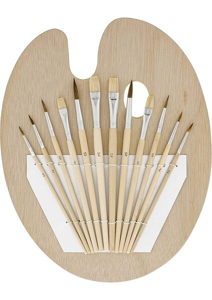 Ahşap Palet Oval Naturel 12 Li Resim Fırçası Seti 1 Paket Yuvarlak ve Kesik Uçlu Boyama Fırçası Akrilik Yağlı Guaj Boya