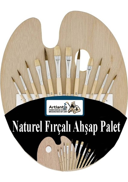 Ahşap Palet Oval Naturel 12 Li Resim Fırçası Seti 1 Paket Yuvarlak ve Kesik Uçlu Boyama Fırçası Akrilik Yağlı Guaj Boya
