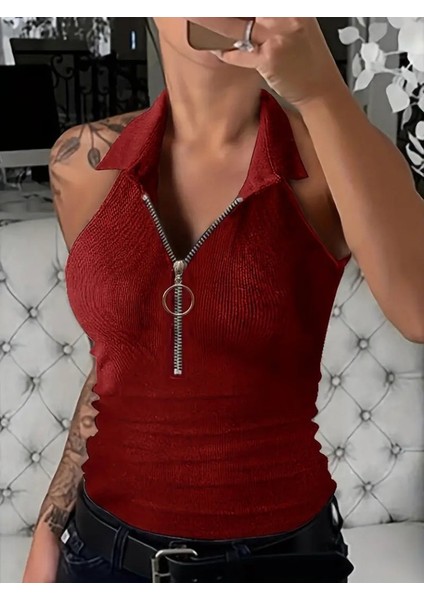 Kadın Kolsuz Polo Yaka Önü Fermuarlı Kaşkorse Bluz