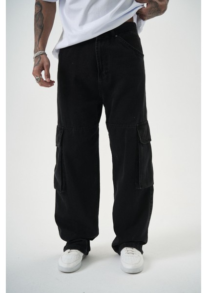 Erkek Washed Paraşüt Kargo Baggy Pantolon Siyah